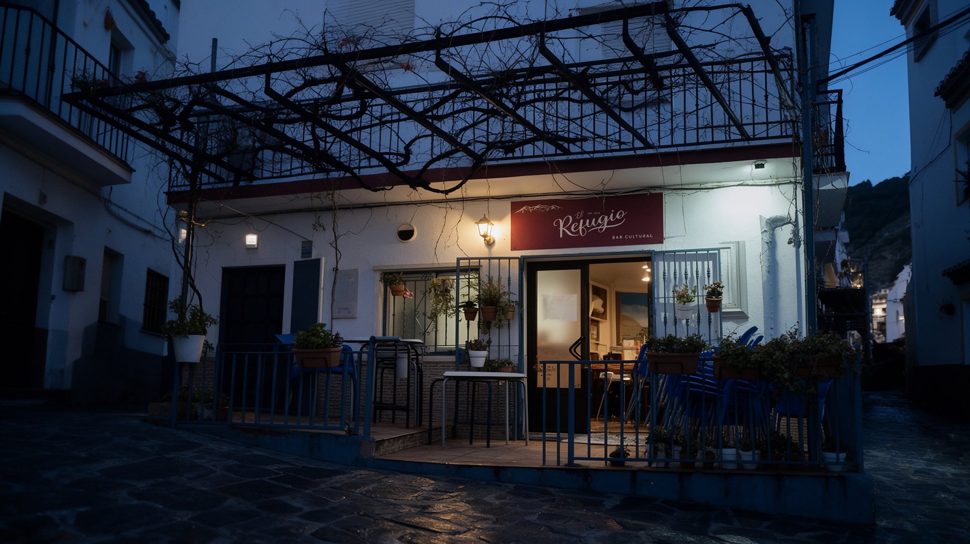 Esquina del bar al anochecer con rótulo granate iluminado, pérgola de parra, sillas azules y calle empedrada del pueblo blanco