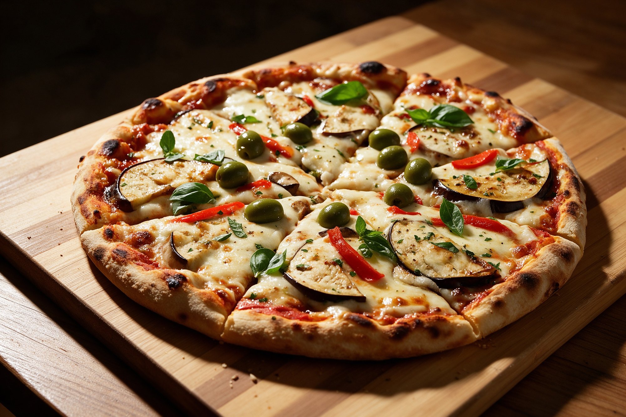 Pizza de la casa con mozzarella, berenjena, olivas y pimientos asados sobre tabla de madera