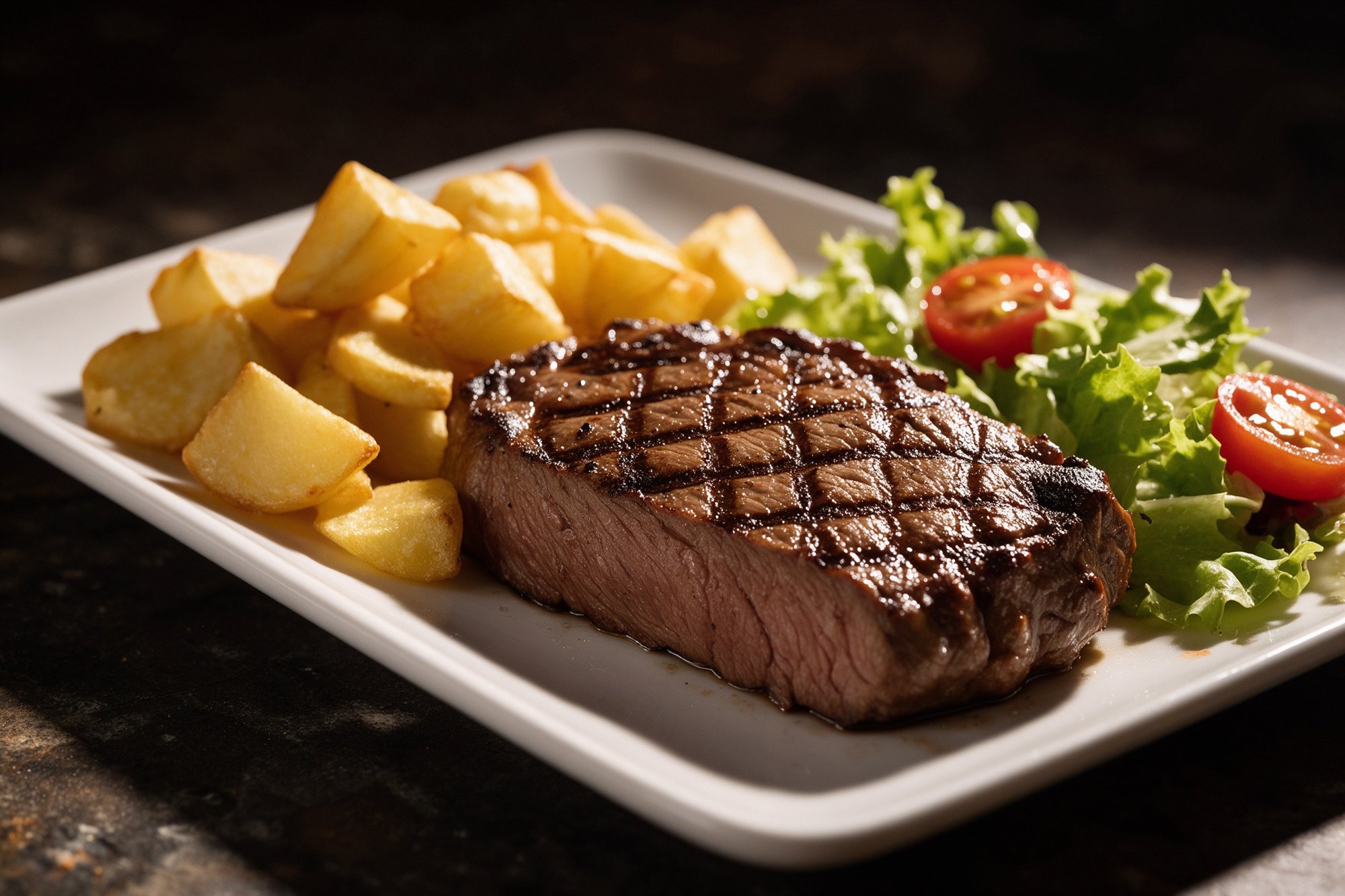 Ternera a la brasa con marcadas de parrilla, patatas caseras, lechuga y tomate en plato rectangular